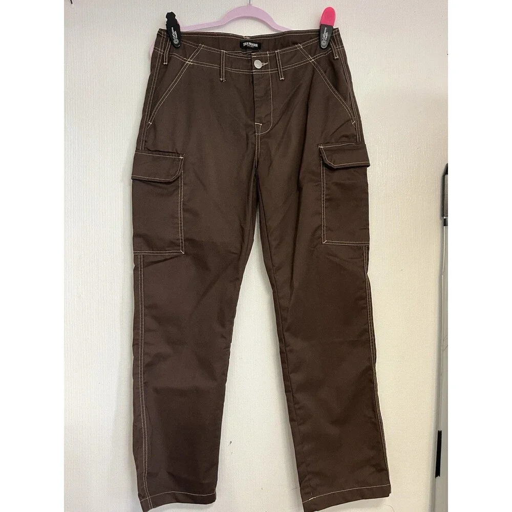 True Religion mens   Brown Canvas Cargo Pants Straight Leg Button Zip Pockets